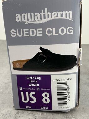 Aquatherm Ladies' Size 8 Suede Clog, Black, New In Box